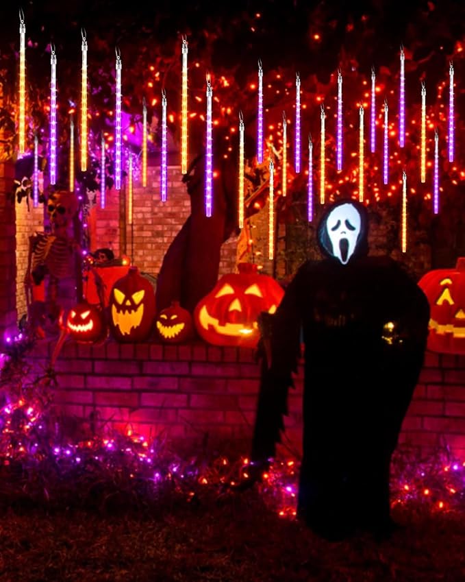 Flacchi Halloween Lights Outdoor 20 Tubes 480 LED Raindrop Meteor Shower Icicle Lights with Timer Function Cascading Light Falling Rain Light for Halloween Orange Purple