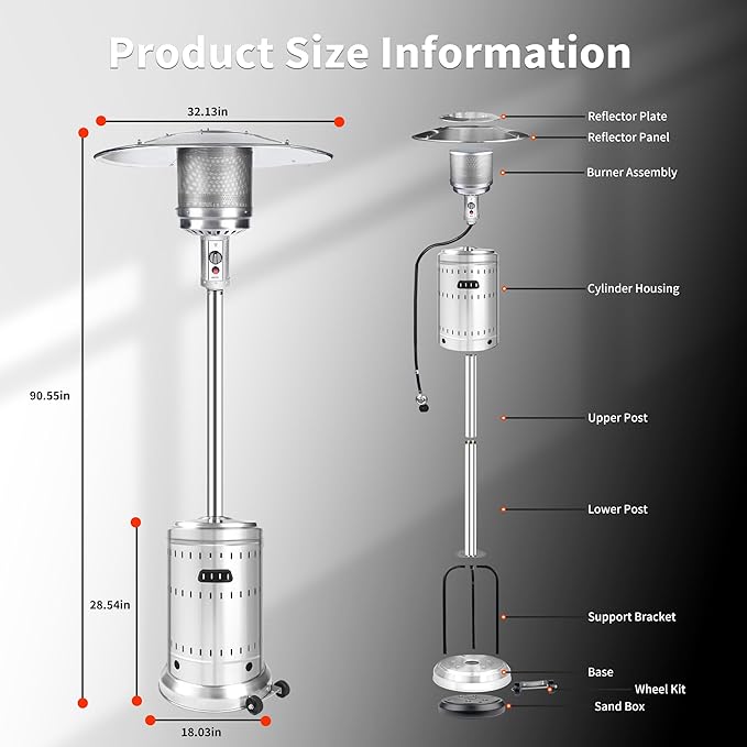 MAJARO 50,000 BTU Outdoor Propane Patio Heater with Wheels ? All-Stainless Steel Gas Heater, Weighted Base, Easy Ignition & Safety Tilt Shut-Off for Patio, Backyard, Garden & Commercial Use