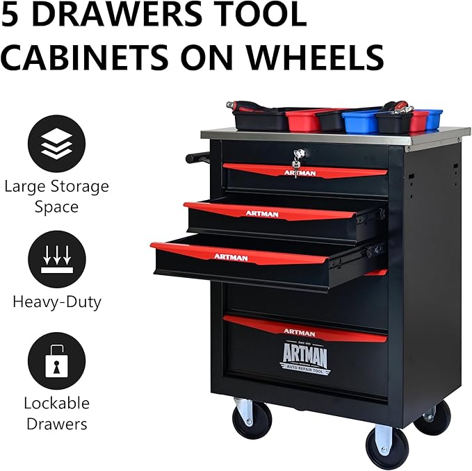 RYH 4/5/6/7 Drawers Rolling Tool Chest -Heavy Duty Mobile Metal Tool Box with Locking Wheels, with Stainless Steel Worktop, Garage Tool Storage Cabinet (Black, 5-Drawers 30.7 H¡¿22.2 W)