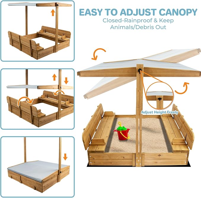 Kids Sand Box with Cover£¬Wooden Outdoor Sandbox with Lid£¬Foldable Bench Seat/Adjustable Canopy£¬UV-Protection &Natural Wood£¬Sand Box for Kids Ages 2-8£¨47x47in£©