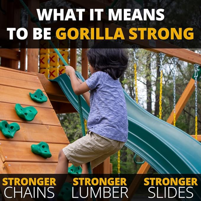 Gorilla Playsets 01-0036-GREY Double Down II Wood Swing Set with Wood Roof, Two Slides, Two Swings, Sandbox Area, Rock Wall, Redwood Stain Color with Grey Slides