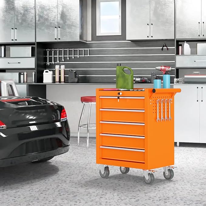 5 Drawers Rolling Tool Chest, Portable Storage Tool Box with Wheels, Tool Chest with Lock for Warehouse, Garage, Repair Shop and Tool Room (Orange)