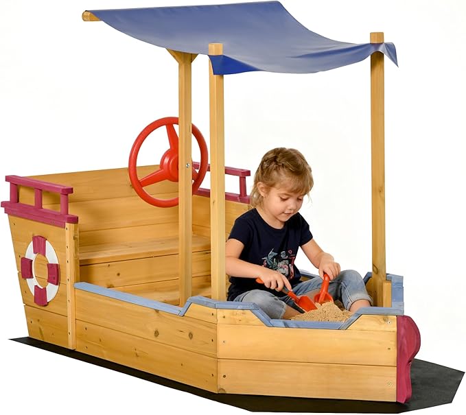 Outsunny Wooden Kids Sandbox with Canopy, Ship-Shape Outdoor Sandboat with Bench Seats, Storage, Non-Woven Fabric Cloth for Backyard, Lawn, Orange