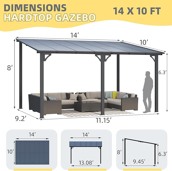 U-MAX 10' x 14' Outdoor Lean to Gazebo, Wall-Mounted Pergolas & Gazebos Clearance, Metal Awnings Gazebos on Clearance for Patio, Large Panel Roof 14x10 Gazebo for Outside Use