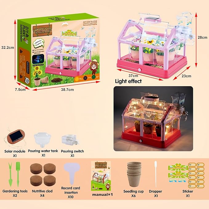 Kids Plant Growing Kit Greenhouse Growing Set Terrarium Kit Kids Science Educational DIY Plant Gardening Toy, Living Greenhouse with Solar Panel, Indoor Gardening Kit