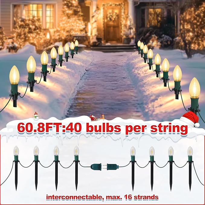 60Ft C9 Led Christmas Pathway Lights Outdoor, 40 Warm White Bulbs Waterproof Connectable Extra Long Christmas Walkway Lights for Large Driveway, Yard, Lawn