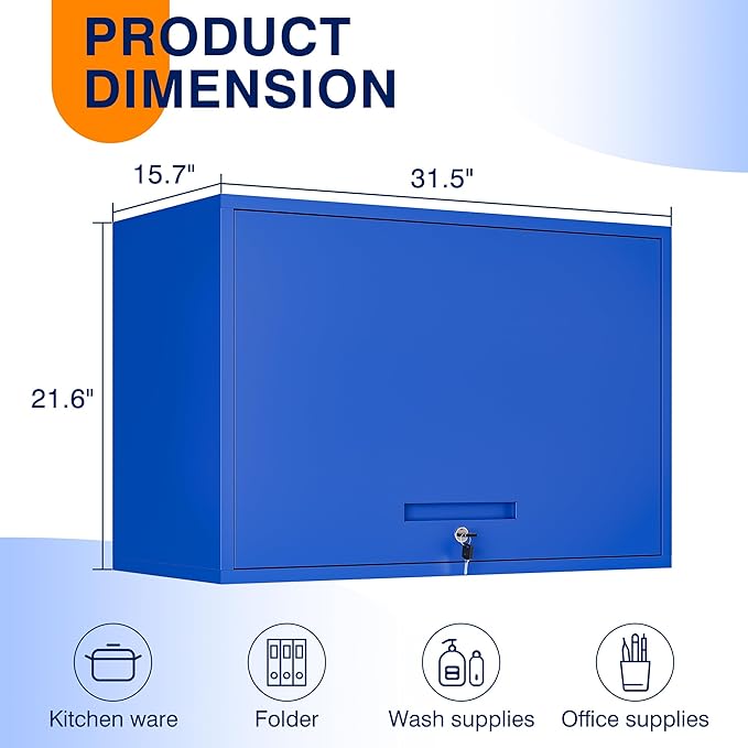 Yizosh Metal Garage Wall Cabinet with Doors and Shelves, Wall Mounted Metal Storage Cabinet, Floating Garage Tool Cabinet for Garage, Basement, Kitchen, Warehouse (Blue, 21.6 H)
