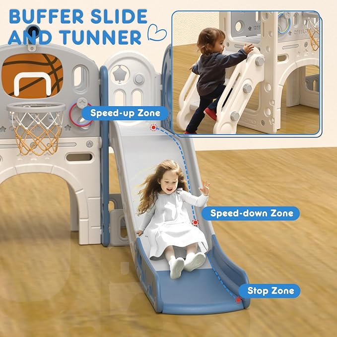 XJD 8 in 1 Toddler Slide Set, Kids Slide for Toddlers Age 1+, Toddler Climber Slide PlaySet with Basketball Hoop and Ball,Outdoor Indoor Playground for Toddlers 1-3 (Blue Gley, 8 in 1)