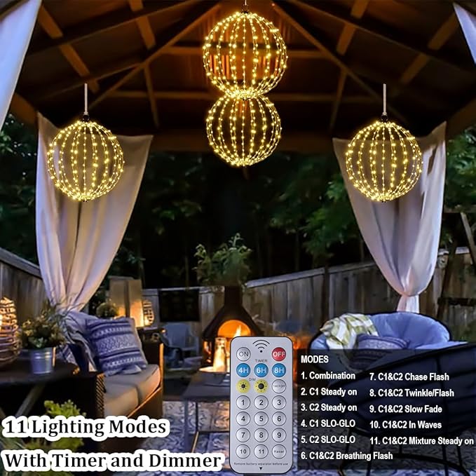 Outdoor Hanging Lighted Sphere Solar, Christmas Decoration Light Balls, 2 in 1 Warm White and Multicolor Chandelier, 208 LED 16" Large Iron Frame Foldable Globe for Patio Tree Gazebo Decor (2PK Solar)