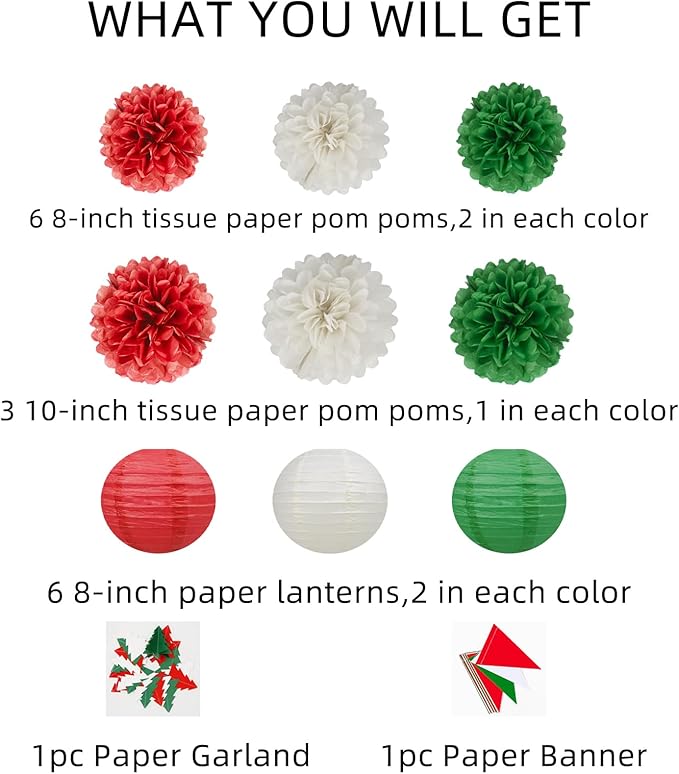 Red White Green Party Christmas-Decorations - 17pcs Tissue Paper Flowers Pom Poms Lanterns Birthday Banner 3D Christmas Tree Garland for Home Indoor Outdoor Hanging Decor