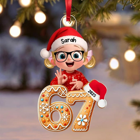 Paraeva Custom 67 Ornament 2025, Custom Name Funny Gen Z Meme Decoration, Viral Six Seven Christmas Ornament with Santa Hat, Acrylic Ornaments for Teens, Gifts for Christmas 1
