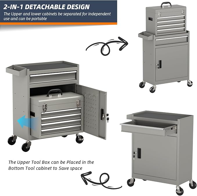 5-Drawer High Capacity Rolling Tool Box, Removable Cabinet Storage Tool Chest with Wheels and Drawers, Detachable Toolbox with Lock for Mechanics Garage Workshop and Tool Room (Grey)