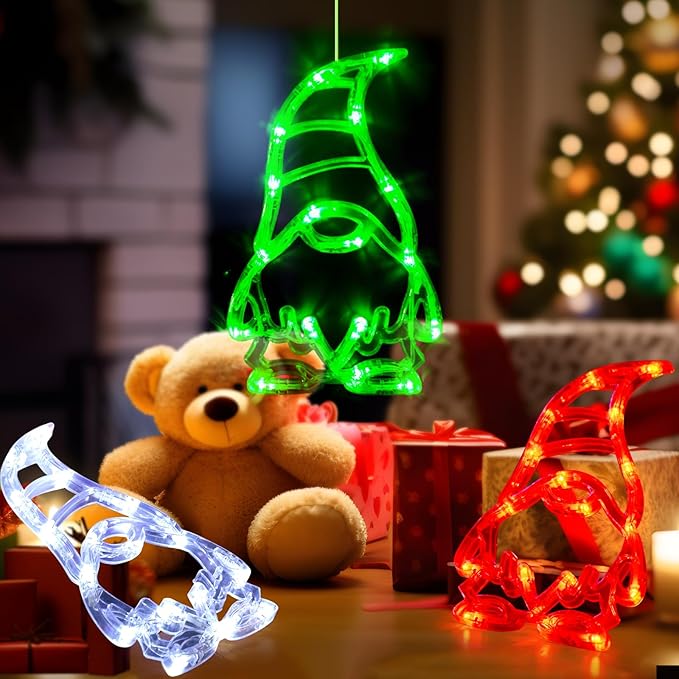 LOLStar Christmas Window Lights 3 Pack Red White and Green Gnomes Xmas Lights with Suction Cups 2024 Upgrade Timer Function and Slowly Fade Mode Battery Operated Indoor Decors Christmas Decorations