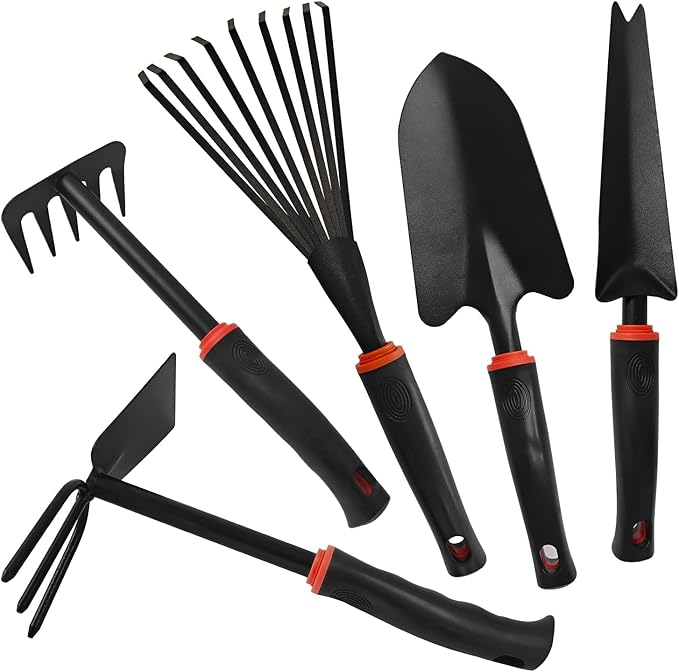Heavy Duty Gardening Tool Set with Ergonomic Handle, 5Pcs Set Includes Rake, Shovel, Hand Hoe, Double-Sided Cultivator & Weed Puller Tool for Digging, Transplanting, Weeding£¨5Pcs£©