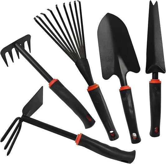 Heavy Duty Gardening Tool Set with Ergonomic Handle, 5Pcs Set Includes Rake, Shovel, Hand Hoe, Double-Sided Cultivator & Weed Puller Tool for Digging, Transplanting, Weeding£¨5Pcs£©