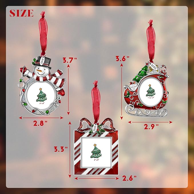 2025 Christmas Tree Ornaments 3 Piece Picture Frame Hanging Ornament Decorative Holiday Keepsake Gift Sleigh Snowman Pendant with 2” Photo Insert for Picture of Pets,Family (Christmas Set)