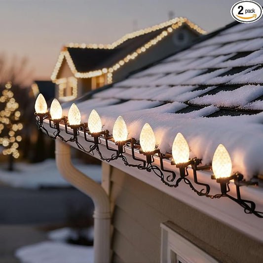 C9 LED Outdoor Christmas Lights,C9 String Lights with Quick Clips,for Xmas House Roof Gutter,Plug in & Connectable,132FT 200 Light,Warm White Faceted