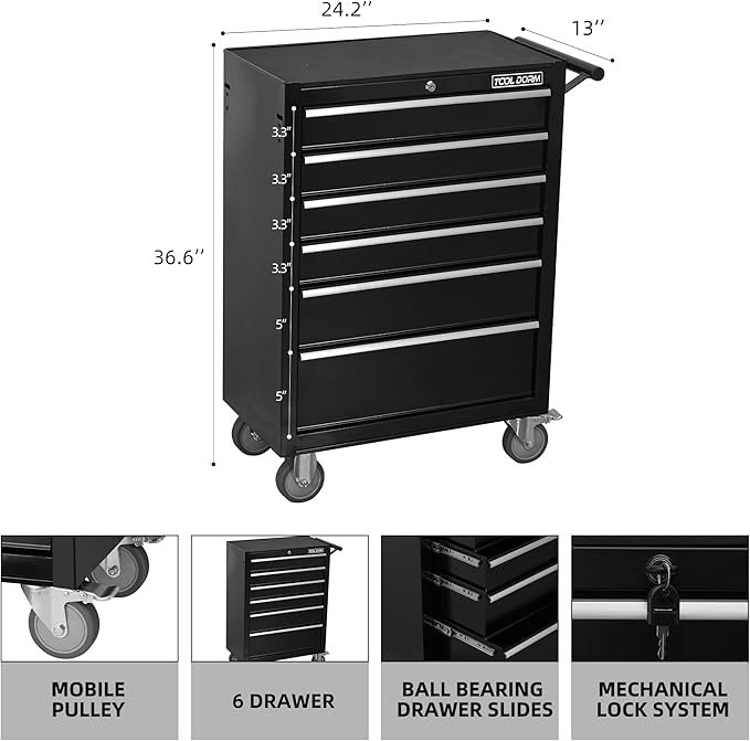 6-Drawer Rolling Tool Chest with Locking Wheels & Drawers, 13 D x 24.2 W x 36.6 H Mobile Tool Storage Cabinet, Heavy-Duty Garage Organizer with Ergonomic Handle