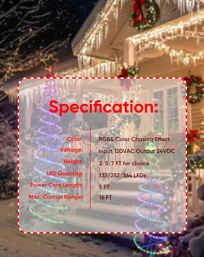Double Spiral Christmas Tree Light Outdoor, Color Changing Remote Control Outdoor Light Up Christmas Tree with 8 Modes, 24V Plug&Play ETL Waterproof for Xmas Yard, RGB+IC, 7FT