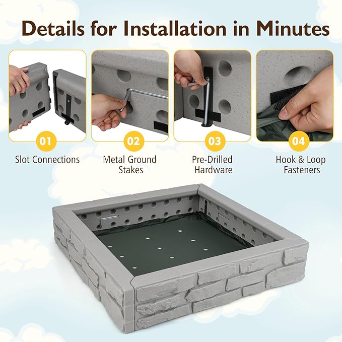 GLACER Sandbox with Cover, 47x 47 HDPE Sand Box w/Oxford Cover, Bottom Drainage Oxford Liner, All Weather Resistant Sand Pit in Backyard Lawn Garden Beach for Kids (Gray)