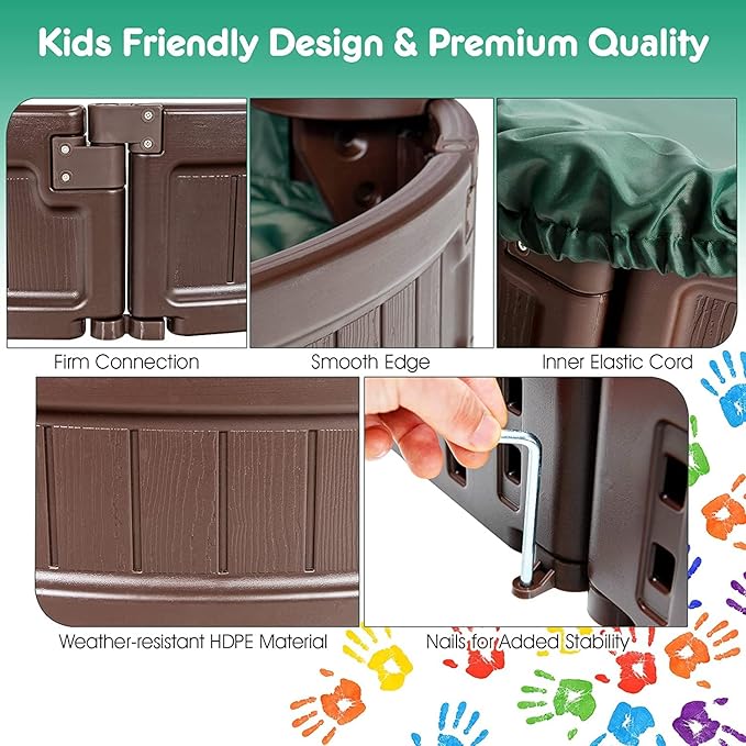 Costzon Kids Sandbox with Cover, HDPE Child Sand Pit w/Detachable Built-in Seating & Bottom Liner for Backyard Lawn Garden Beach, Outdoor Sand Box for Kids Age 3+ (Elliptical)