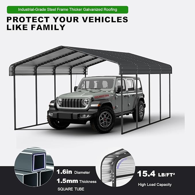 10x15 FT Metal Carport, Outdoor Garage Car Shelter Shade with Galvanized Metal Roof, Heavy Duty Car Port for Car, Truck and Boats, Dark Gray