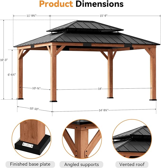 Modern Shade Rosewood Wood Gazebo 12' x 16', Cedar Framed Grill Gazebo with Double Galvanized Steel Roof, Mosquito Netting and Curtains, Permanent Hardtop with Sturdy Hooks for Garden, Backyard, Patio