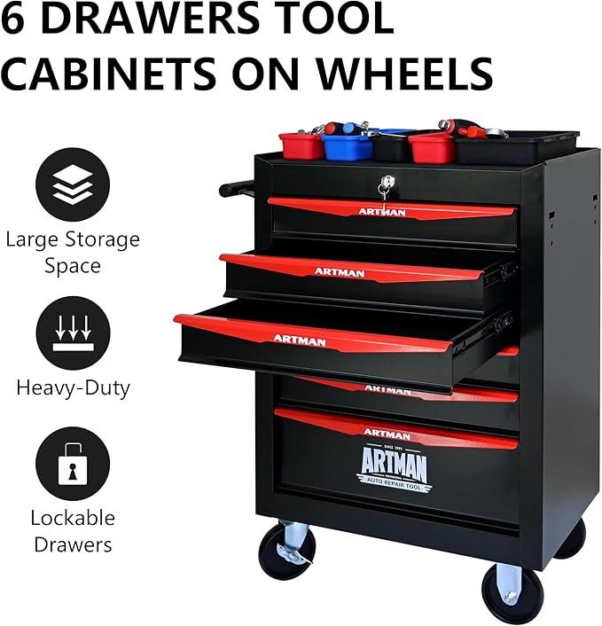 RYH 6 Drawers Rolling Tool Chest - Heavy Duty Mobile Tool Cart with Locking Wheels & Ball Bearing Drawers£¬30.5 H x 20.9 W x 13 D, Garage Tool Storage Cabinet (Black, 6 Drawers)