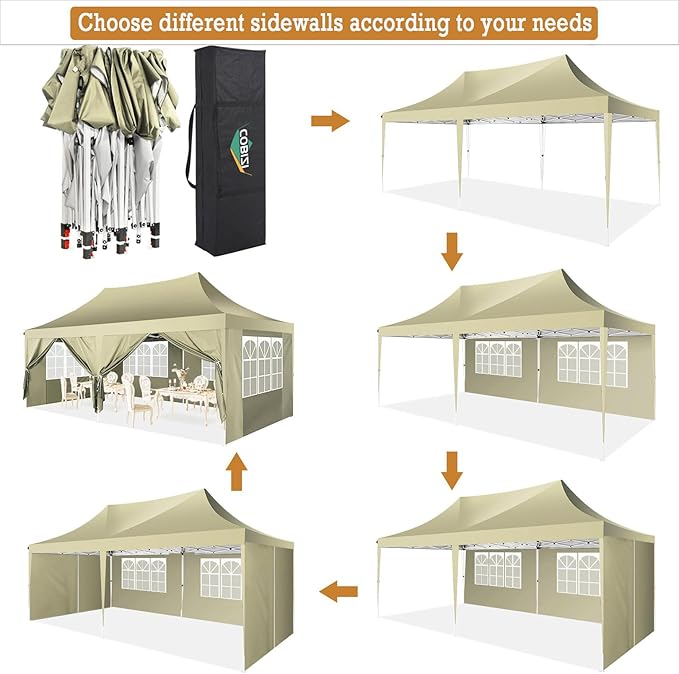 COBIZI 10x20 Pop Up Canopy with 6 Sidewalls,10x20 Canopy Tent Frame Upgraded with 3 Adjustable Heights,Waterproof UV50+ Outdoor Party Commercial Ez Up Gazebos with Carry Bag(10 x 20 ft Khaki)