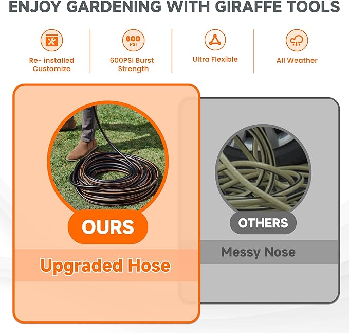 Giraffe Tools Leader Hose 8ft x 5/8, Custom Length, Heavy Duty, No Kink, Flexible, Rubber Garden Hose, Leakproof Water Hose with Female to Female Fittings, 600 Burst PSI