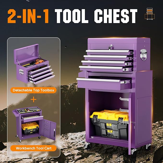 Crownland 5-Drawer Rolling Tool Chest with Wheels, Lockable 2 in 1 Detachable Tool Cabinet wit Drawers and Black Liners, Garage Top Toolbox & Bottom Storage Cart with Side Hooks(Purple)