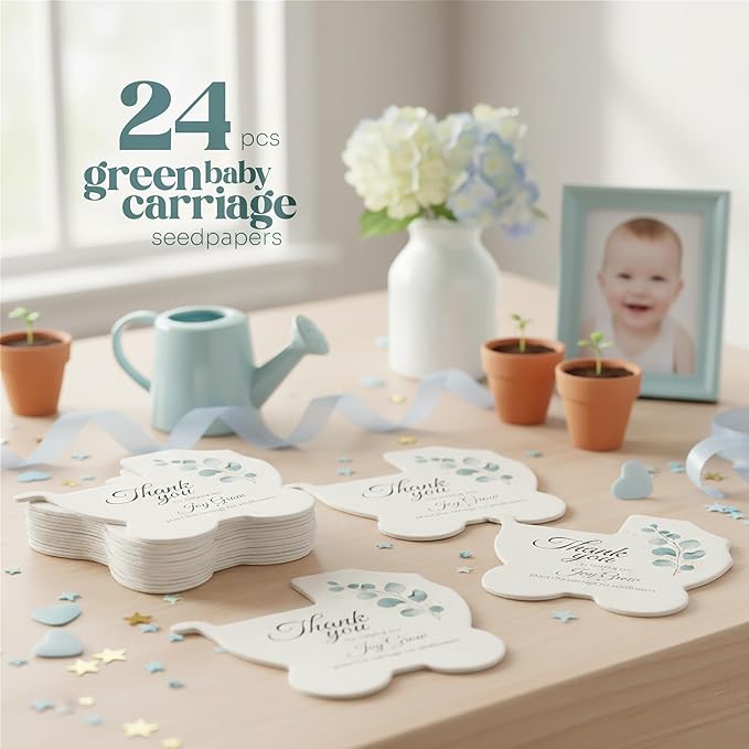 Baby Carriage Seed Paper – 24 pcs Green Baby Shower Favors for Guests with Wildflower Seeds, Writable & Plantable, Gender Reveal, Birthday Gifts for Guest