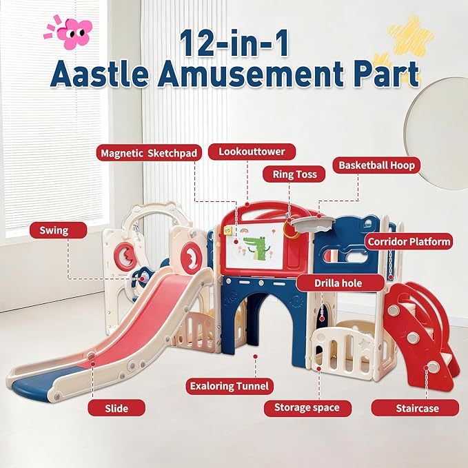 12 in 1 Outdoor Toddler Playsets with Slide Toddlers Playground and Swing Set Indoor Climber Tunnel Playset Play Equipment with Basketball Hoop for Backyard