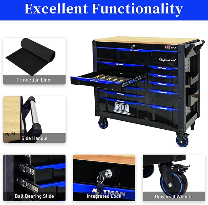 Rolling Tool Chest on Wheels, Heavy Duty Metal Tool Cabinet Chest with 12 Drawers, Wooden Workbench Top, Large Tool Cart for Warehouse, Garage, Workshop, Repair Shop, Tool Organizer Chest
