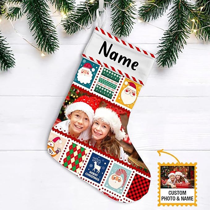 LOVELYPOD Christmas Stockings Personalized with Name, 19" Christmas Stocking Kid Photo Christmas Stocking 2023, Xmas Stocking Holiday Christmas Decoration Gifts for Family Kids