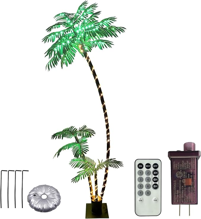 6 Feet Artificial Palm Tree, Light Up 220LED Christmas Tree Decorations, 8 Modes Fake Room Decor Palm Trees for Outside Patio, Home Indoor, Tiki Bar, Outdoor Pool Tropical Party