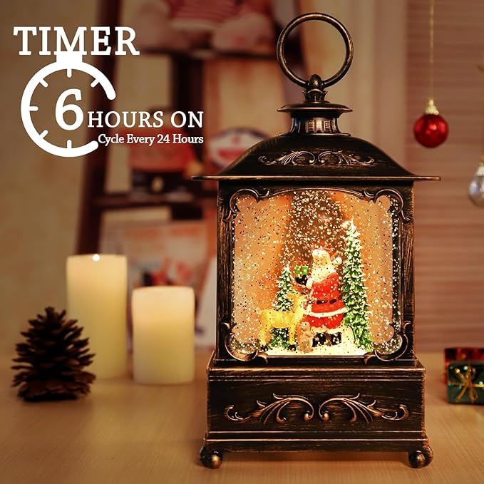 Christmas Snow Globe Lantern Christmas Decorations Water Glittering Lanterns with Music & Timer, USB Lined/Battery Operated Lighted Lantern for Christmas Festival Decoration Gifts (Skiing Snowman)