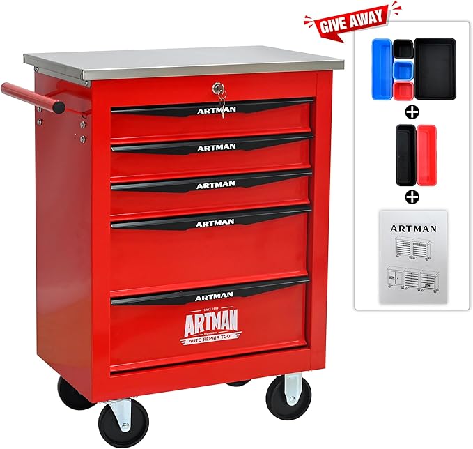 RYH 4/5/6/7 Drawers Rolling Tool Chest -Heavy Duty Mobile Metal Tool Box with Locking Wheels, with Stainless Steel Worktop, Garage Tool Storage Cabinet (Red, 5-Drawers 30.7 H¡¿22.2 W)