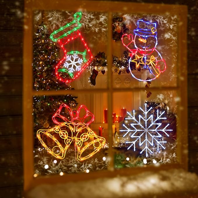 16" Christmas Window Silhouette Lights Decorations - 4 Pack Colour Lighted Snowman ＆ Christmas Stocking ＆ Bell＆ Snowflake for Holiday Wall Door Window Decorate
