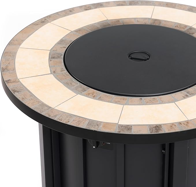 30'' Marble Ceramic Round Propane Fire Pit Table, 50,000 BTU Gas FirePit for Outdoor, Fire Table with Lid, Warmth & Ambience to Gatherings and Parties On Patio Deck Garden Backyard, Black.
