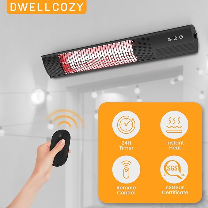 Heating Wall-Mounted Outdoor Heaters for Patio, Indoor/Outdoor Hanging Electric Patio Heater 1500W 3 Heat Modes with Remote, Infrared Outdoor Heater IP55 Resistant, 24H Timer, Black