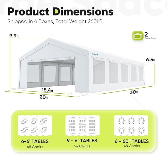 Quictent 20x30 Party Tent Heavy Duty Outdoor Canopy Tent Carport Wedding Event Shelter BBQ Wedding Tents for Parties with Storage Bags