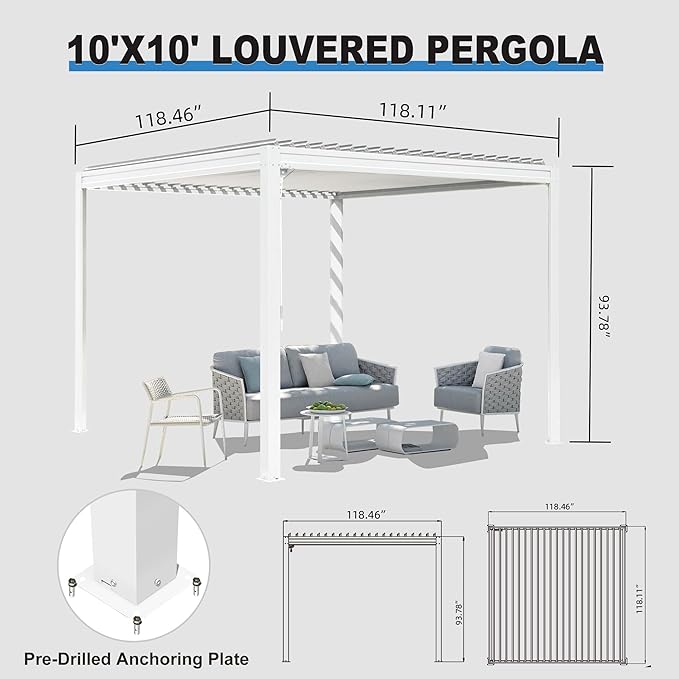 10x10FT Louvered Pergola, Outdoor Pergola Aluminum Frame with Adjustable Rainproof Roof, Permanent Sun Shade with Drainage System for Backyard, Garden and Lawn, White