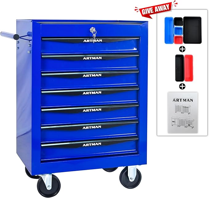 RYH 7 Drawers Rolling Tool Chest - 13 D x 20.9 W x 30.5 H Heavy Duty Mobile Tool Cart with Locking Wheels & Ball Bearing Drawers, Garage Tool Storage Cabinet (Blue, 7 Drawers)