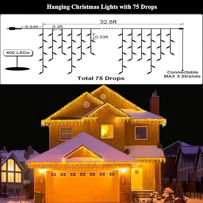 Led Christmas Lights Outdoor Christmas Decorations Hanging Light 400LED 8 Modes 75 Drops, Waterproof Outdoor Indoor Fairy Christmas Lights for Party, Holiday, Wedding, Eaves Decorations (Warm Light)