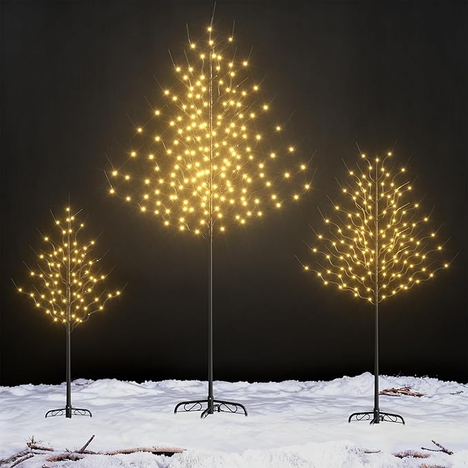 Outdoor Christmas Decorations Lighted Tree Set of 3, Light Christmas Tree Including 4 feet, 6 feet, and 8 feet, Christmas Tree Decorations with Warm White LED, Black Metal Branch for Holiday