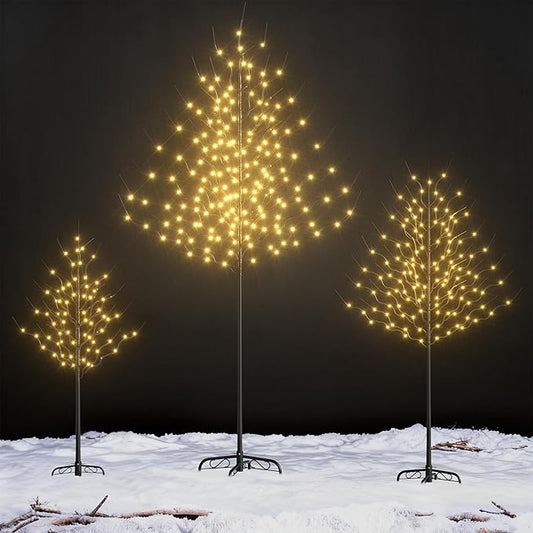 Outdoor Christmas Decorations Lighted Tree Set of 3, Light Christmas Tree Including 4 feet, 6 feet, and 8 feet, Christmas Tree Decorations with Warm White LED, Black Metal Branch for Holiday