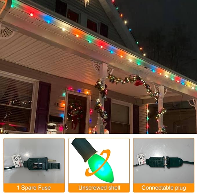 C9 Multicolor Christmas Lights Outdoor, 25Ft Vintage Christmas String Lights with 26 Colorful Ceramic Bulbs, Hanging Patio Lights for Outdoor Roofline Christmas Tree Garden Pathway Decor, Green Wire