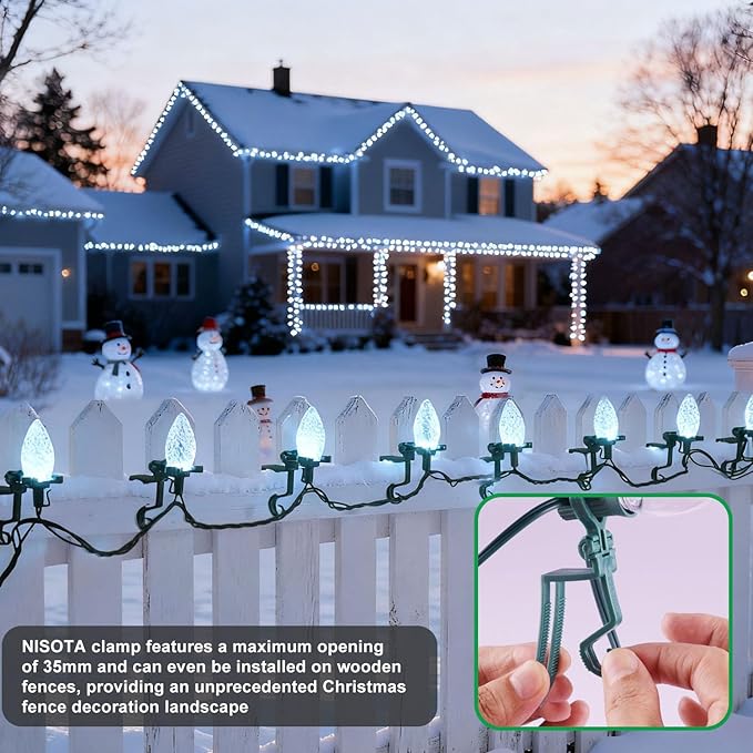 C9 LED Outdoor Christmas Lights,C9 String Lights with Quick Clips,for Xmas House Roof Gutter,Plug in & Connectable,132FT 200 Light,Cold White Faceted