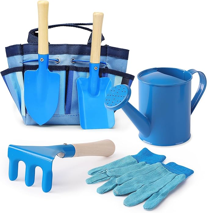 Kids Gardening Tools Set, Toddler Play Kit Child Outdoor Toy with Gloves, Watering Can, Metal Shovel, Rake, Spade & Storage Bag, Backyard Sand Digging Birthday for Boys Girls 3 4 5 (Blue)